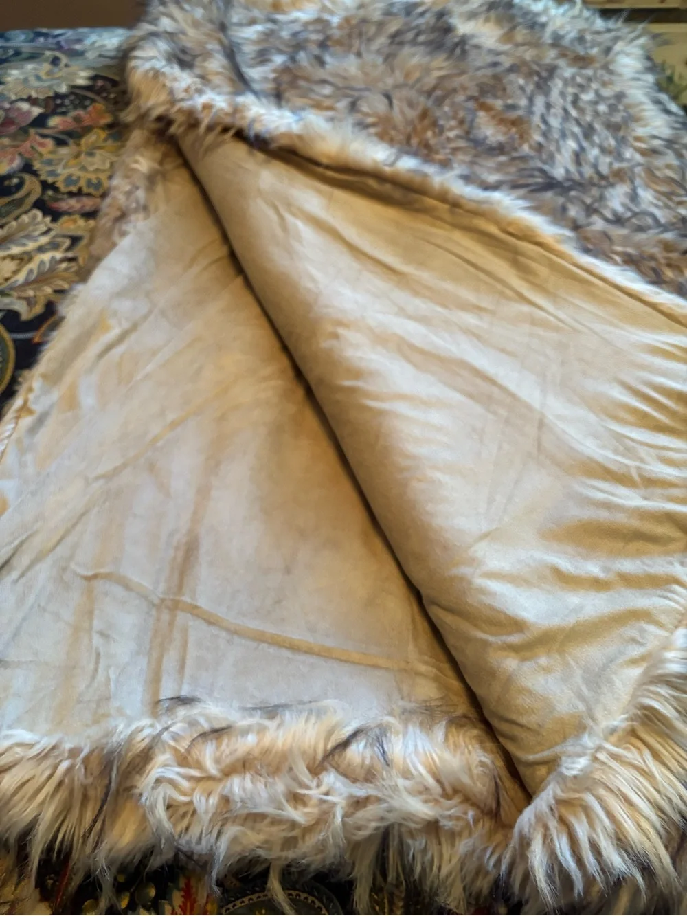 Ballard Design Luxury Frosted Blonde & Brown Fox Faux Fur Throw Suede Lining